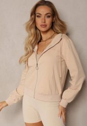 Jasnobeżowa Casualowa Bluza z Ozdobnym Przeszyciem i Kapturem Siraca. Brązowe bluzy damskie Renee, l, bez wzorów, bez ramiączek. Za 59.99 zł.