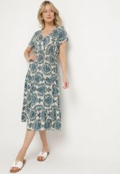 Niebieska Bawełniana Sukienka o Rozkloszowanym Kroju z Gumką w Pasie Desilona. Niebieskie sukienki damskie Born2be, na co dzień, l, bez wzorów, z bawełny, eleganckie, bez kołnierzyka, bez ramiączek, midi, rozkloszowane. Za 44.99 zł.