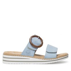 Klapki Rieker. Niebieskie klapki damskie Rieker, bez wzorów, bez obcasa, bez zapięcia. Za 179.99 zł.