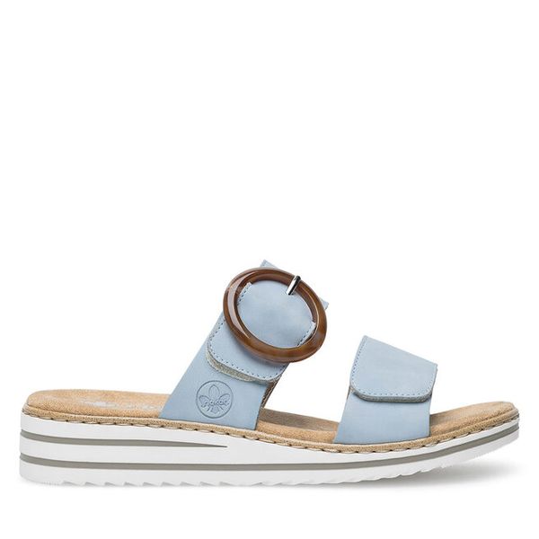 Klapki Rieker. Niebieskie klapki damskie Rieker, bez wzorów, bez obcasa, bez zapięcia. Za 179.99 zł.