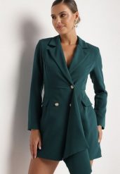Ciemnozielona Taliowana Sukienka o Kroju Marynarki z Mini Trenem Besista. Zielone sukienki damskie Born2be, m, z aplikacjami, eleganckie, bez kołnierzyka, bez ramiączek, mini. Za 159.99 zł.