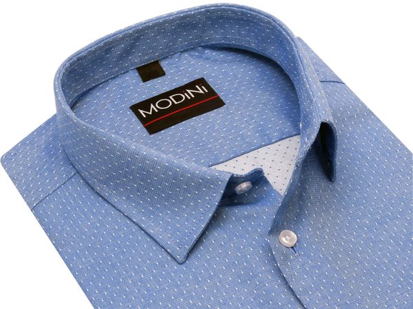 Niebieska koszula męska Modini w białe kropki DD16. Białe koszule męskie Modini Moda Męska, m, bez wzorów, z bawełny, casualowe, bez kołnierzyka, bez ramiączek. W wyprzedaży za 179.10 zł.