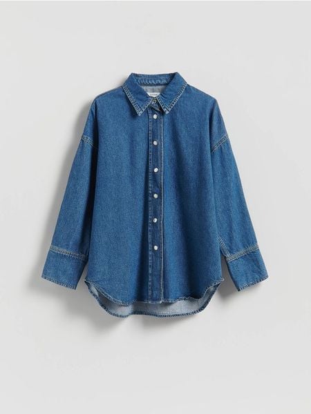 Jeansowa koszula - niebieski. Niebieskie koszule damskie Reserved, l, bez wzorów, z bawełny, bez kołnierzyka, bez ramiączek. W wyprzedaży za 119.99 zł.