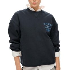 Krótki, obszerny sweter sportowy. Niebieskie swetry nierozpinane damskie Superdry, xs, bez wzorów, z bawełny, eleganckie, bez kołnierzyka, bez ramiączek. Za 288.20 zł.