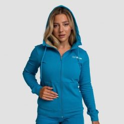 Bluza damska fitness z kapturem akwamarynowa Limitless Zip Up. Niebieskie bluzy damskie GYMBEAM, s, bez wzorów, z bawełny, sportowe, bez ramiączek, z kapturem. Za 127.90 zł.