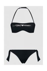 EMPORIO ARMANI Wiązane bikini ze srebrnym logo. Czarne bikini Emporio Armani, s, bez wzorów, z poliamidu. W wyprzedaży za 299.99 zł.