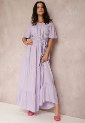 Liliowa Sukienka Amiphiphae. Fioletowe sukienki damskie Renee, l, bez wzorów, z materiału, bez kołnierzyka, bez ramiączek, maxi, rozkloszowane. Za 79.99 zł.