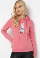 Różowa Bluza z Kapturem i Nadrukiem Diames. Czerwone bluzy damskie Born2be, l, bez wzorów, z polaru, casualowe, bez ramiączek, z kapturem. Za 84.99 zł.
