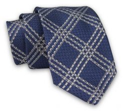 Granatowo-Biały Elegancki Męski Krawat -ALTIES- 7cm, Stylowy, Klasyczny, w Grubą Kratkę. Niebieskie krawaty i muchy Alties, bez wzorów, z tkaniny, eleganckie. Za 49.00 zł.