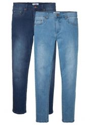 Dżinsy z wysoką domieszką stretchu ze zwężaną nogawką, slim fit (2 szt.). Niebieskie jeansy męskie bonprix, z jeansu. Za 309.99 zł.