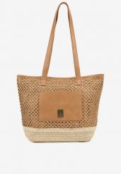 Ciemnobeżowa Torebka Typu Shopper z Plecionką Felarena. Brązowe shopperki damskie Renee, bez wzorów, z jeansu, bez dodatków. Za 74.99 zł.