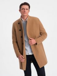 Płaszcz męski z asymetrycznym zapięciem - camel V4. Brązowe płaszcze męskie Ombre Clothing, m, bez wzorów, z poliesteru, z asymetrycznym kołnierzem, bez kaptura. W wyprzedaży za 199.99 zł.