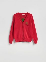 Kardigan z wełną - bordowy. Czerwone kardigany damskie Reserved, l, bez wzorów, z bawełny, bez kołnierzyka. Za 259.99 zł.