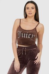 JUICY COUTURE Brązowy welurowy top z błyszczącym logo. Brązowe topy damskie Juicy Couture, s, bez wzorów, z weluru, bez kołnierzyka, bez ramiączek. W wyprzedaży za 169.99 zł.