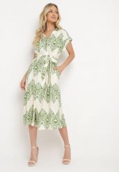 Zielono-Beżowa Taliowana Sukienka Boho z Wiskozą Wiązana w Talii Paskiem Losofia. Zielone sukienki damskie Born2be, na co dzień, na lato, l, z aplikacjami, z wiskozy, boho, bez kołnierzyka, bez ramiączek, midi. Za 109.99 zł.