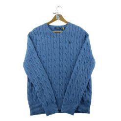 Second life - Sweter męski z plecioną dzianiną 100% coton - Jak nowy. Niebieskie swetry męskie Ralph Lauren, m, bez wzorów, z bawełny, biznesowe, bez kołnierzyka, bez ramiączek. Za 234.96 zł.