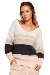 Kolorowy sweter w paski i z dekoltem w serek. Swetry nierozpinane damskie MOE, m, bez wzorów, bez kołnierzyka, bez ramiączek. Za 239.00 zł.