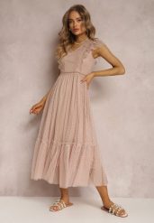 Beżowa Sukienka Lasthameia. Brązowe sukienki damskie Renee, s, w ażurowe wzory, z koronki, bez kołnierzyka, bez ramiączek, midi, rozkloszowane. Za 149.99 zł.