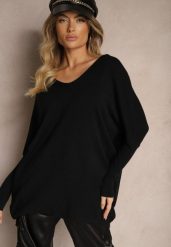 Czarna Nietoperzowa Bluzka z Dzianiny z Wiskozą z Dekoltem i Cyrkoniami na Plecach Vailune. Czarne bluzki damskie Renee, m, bez wzorów, z dzianiny, eleganckie, bez kołnierzyka, bez ramiączek. Za 74.99 zł.