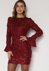 Bordowa Cekinowa Sukienka z Kwiatami 3D Naweda. Czerwone sukienki damskie Born2be, do pracy, l, bez wzorów, z jeansu, biznesowe, bez kołnierzyka, bez ramiączek. Za 229.99 zł.