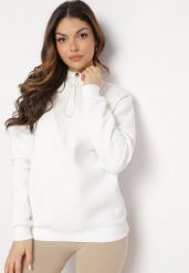 Biała Bawełniana Bluza z Półgolfem i Ściągaczem Themista. Białe bluzy damskie Born2be, bez wzorów, z bawełny, casualowe, bez ramiączek, bez kaptura. Za 89.99 zł.