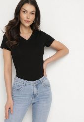 Czarny T-shirt z Bawełny z Trójkątnym Dekoltem Semiora. Czarne t-shirty damskie Born2be, m, bez wzorów, z bawełny, klasyczne, bez kołnierzyka, bez ramiączek. Za 34.99 zł.
