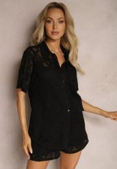 Czarna Boho Koszula z Ażurowymi Zdobieniami i Krótkimi Rękawami Danicra. Czarne koszule damskie Renee, l, z aplikacjami, z jeansu, boho, bez kołnierzyka, bez ramiączek. Za 109.99 zł.