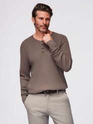 Prążkowany sweter męski z guzikami przy dekolcie - popielaty V4 - Rozmiar: XL. Szare swetry męskie Ombre Clothing, m, bez wzorów, z dzianiny, eleganckie, bez kołnierzyka, bez ramiączek. Za 229.99 zł.