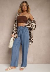 Niebieskie Spodnie z Bawełny High Waist z Gumką i Wiązaniem w Talii Lisadriela. Niebieskie spodnie materiałowe damskie Renee, na lato, bez wzorów, z bawełny, eleganckie, z podwyższonym stanem. Za 39.99 zł.