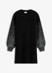 Sukienka dzianinowa z efektem połysku. Czarne sukienki damskie bonprix, bez wzorów, z dzianiny, bez kołnierzyka, bez ramiączek. Za 149.99 zł.