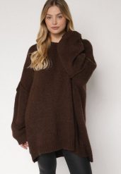 Brązowy Sweter z Wiskozą i Wełną o Kroju Nietoperza Fedella. Brązowe swetry nierozpinane damskie Born2be, bez wzorów, z jeansu, eleganckie, bez kołnierzyka, bez ramiączek. Za 199.99 zł.