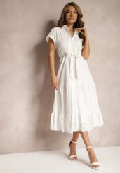 Biała Koszulowa Sukienka z Ażurowej Bawełny Wiązana w Talii Lulilena. Białe sukienki damskie Renee, na spacer, na lato, l, w ażurowe wzory, z bawełny, eleganckie, bez kołnierzyka, bez ramiączek, maxi, kopertowe. Za 149.99 zł.