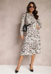 Ciemnobeżowa Rozkloszowana Sukienka Midi z Falbanką i Gumką w Talii Viglira. Brązowe sukienki damskie Renee, na imprezę, l, bez wzorów, eleganckie, bez kołnierzyka, bez ramiączek, midi, rozkloszowane. Za 89.99 zł.