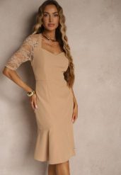 Beżowa Dopasowana Sukienka Vices o Asymetrycznym Fasonie Zdobiona Koronką Natileira. Brązowe sukienki damskie Renee, na spotkanie biznesowe, l, z aplikacjami, z koronki, eleganckie, z asymetrycznym kołnierzem, bez ramiączek, midi, asymetryczne. Za 89.99 zł.
