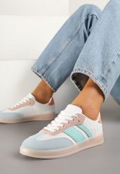 Biało-Niebieskie Sneakersy Tenisówki Ozdobione Paskami Amodira. Białe trampki i tenisówki damskie Renee, bez wzorów, z jeansu, bez zapięcia. Za 74.99 zł.