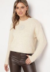 Beżowy Sweter z Wełną Ozdobiony Haftem Ellannia. Brązowe swetry nierozpinane damskie Born2be, na zimę, bez wzorów, z wełny, bez kołnierzyka, bez ramiączek. Za 119.99 zł.