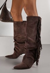 Brązowe Kozaki z Imitacji Zamszu na Szpilce z Marszczoną Cholewką z Frędzlami Linotris. Brązowe kozaki damskie Renee, bez wzorów, z jeansu, bez obcasa, na obcasie, bez zapięcia. Za 199.99 zł.
