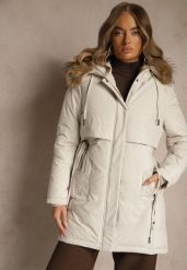 Biała Klasyczna Kurtka Parka z Kapturem z Futrem Nalisava. Białe parki damskie Renee, l, bez wzorów, z dzianiny, z kapturem. Za 319.99 zł.