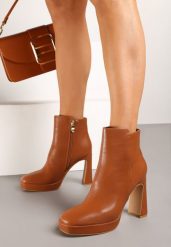 Brązowe Botki na Platformie i Stożku Sassiera. Brązowe botki damskie Renee, bez wzorów, z jeansu, eleganckie, bez obcasa, na obcasie, bez zapięcia. Za 54.99 zł.
