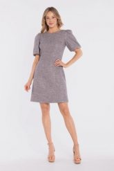 Elegancka sukienka koktajlowa z bufiastymi rękawami szara. Szare sukienki damskie Stylove, l, bez wzorów, z materiału, eleganckie, bez kołnierzyka, bez ramiączek, midi, dopasowane. Za 349.00 zł.