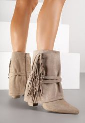 Ciemnobeżowe Botki Boho z Cholewką Imitującą Nogawkę i Frędzlami Zaslie. Brązowe botki damskie Renee, bez wzorów, z jeansu, boho, bez obcasa, na obcasie, bez zapięcia. Za 159.99 zł.