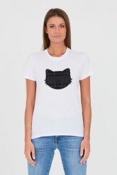 KARL LAGERFELD Biały t-shirt Boucle Choupette. Białe t-shirty damskie KARL LAGERFELD, s, bez wzorów, z bawełny, bez kołnierzyka, bez ramiączek. W wyprzedaży za 299.99 zł.