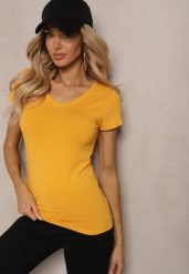 Żółty T-shirt Mirasura. Żółte t-shirty damskie Renee, l, bez wzorów, z dzianiny, bez kołnierzyka, bez ramiączek. Za 24.99 zł.