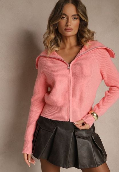 Różowy Kardigan z Wełną o Kroju z Golfem i Zapięciem na Zamek Zinfria. Czerwone kardigany damskie Renee, bez wzorów, z dzianiny, biznesowe, bez kołnierzyka. Za 64.99 zł.