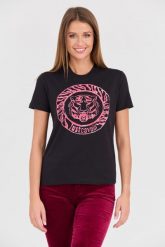 JUST CAVALLI Czarny t-shirt R Tiger Round Flock. Czarne t-shirty damskie Just Cavalli, s, bez wzorów, bez kołnierzyka, bez ramiączek. W wyprzedaży za 284.99 zł.