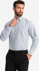 Ombre Elegancka koszula męska oxford z haftem i kieszonką jasnoszara V2 OM-SHOS-0173 XL. Szare koszule męskie Ombre, m, bez wzorów, eleganckie, bez kołnierzyka, bez ramiączek. Za 159.99 zł.
