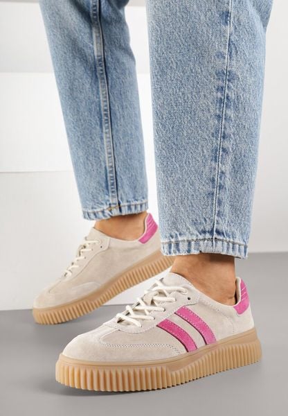 Beżowo-Fuksjowe Skórzane Sneakersy Klasyczne Tenisówki z Zamszu Naturalnego Teniresela. Brązowe trampki i tenisówki damskie Born2be, bez wzorów, z jeansu, bez zapięcia. Za 179.99 zł.