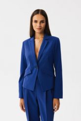 Chabrowa Elegancka Krótka Marynarka. Niebieskie marynarki i żakiety damskie MOE, bez wzorów, z elastanu, eleganckie, bez kołnierzyka, bez ramiączek. Za 369.90 zł.