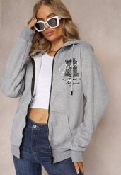 Jasnoszara Bluza z Kapturem i Polarem Sewan. Szare bluzy damskie Renee, xl, z aplikacjami, z polaru, bez ramiączek, z kapturem. Za 79.99 zł.