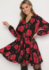 Czarno-Czerwona Rozkloszowana Sukienka w Kwiaty z Guzikami i Wiązaniem w Talii Morila. Czarne sukienki damskie Born2be, na co dzień, m, bez wzorów, z jeansu, eleganckie, bez kołnierzyka, bez ramiączek, mini, dopasowane. Za 119.99 zł.